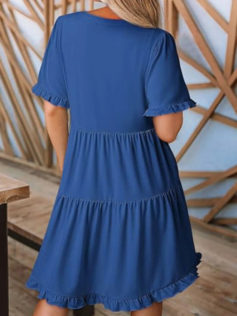 Tiered Notched Short Sleeve Mini Dress - CELIVINE