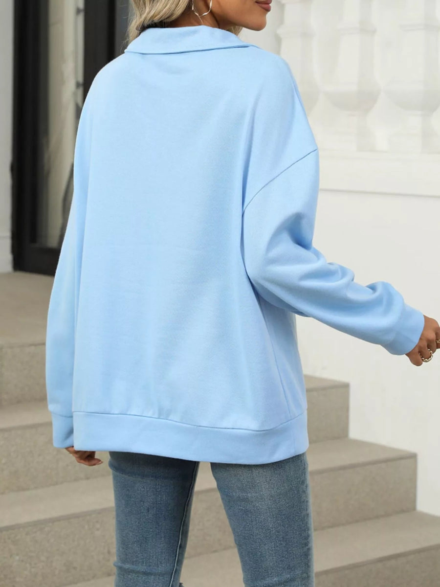 Johnny Collar Drop Shoulder Long Sleeve Sweatshirt - CELIVINE