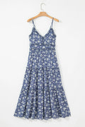 Floral Spaghetti Strap Frilled V Neck Tiered Midi Dress - CELIVINE