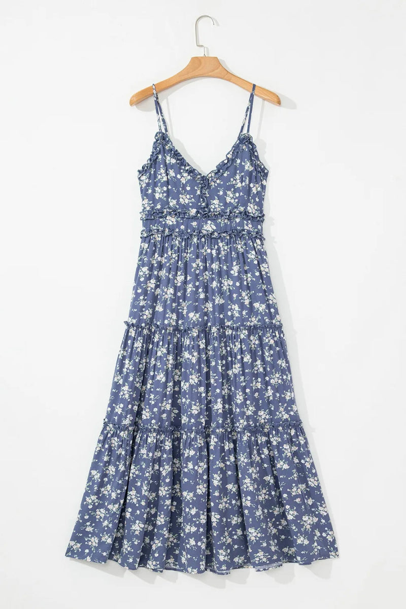 Floral Spaghetti Strap Frilled V Neck Tiered Midi Dress - CELIVINE