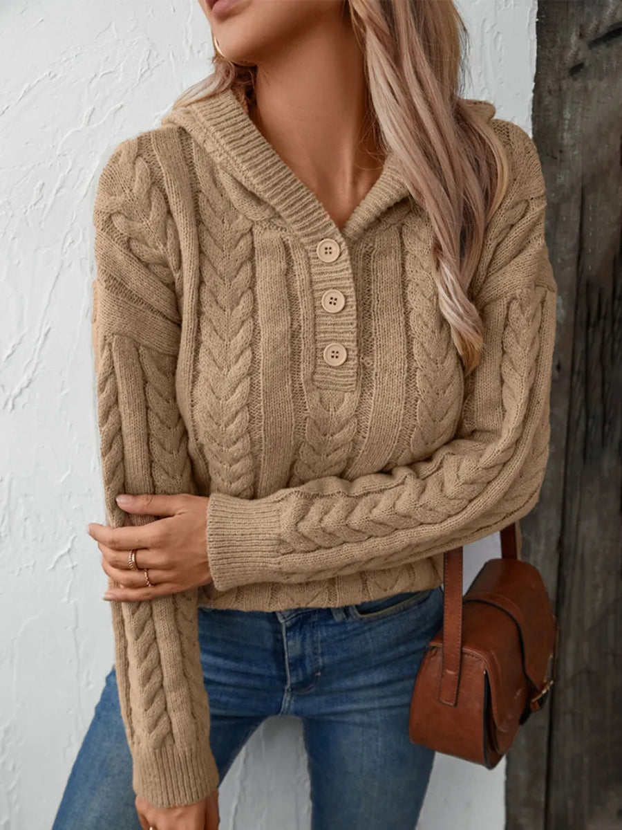 Cable - Knit Long Sleeve Hooded Sweater - CELIVINE