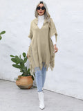 Fringe Trim Buttoned Hooded Poncho - CELIVINE