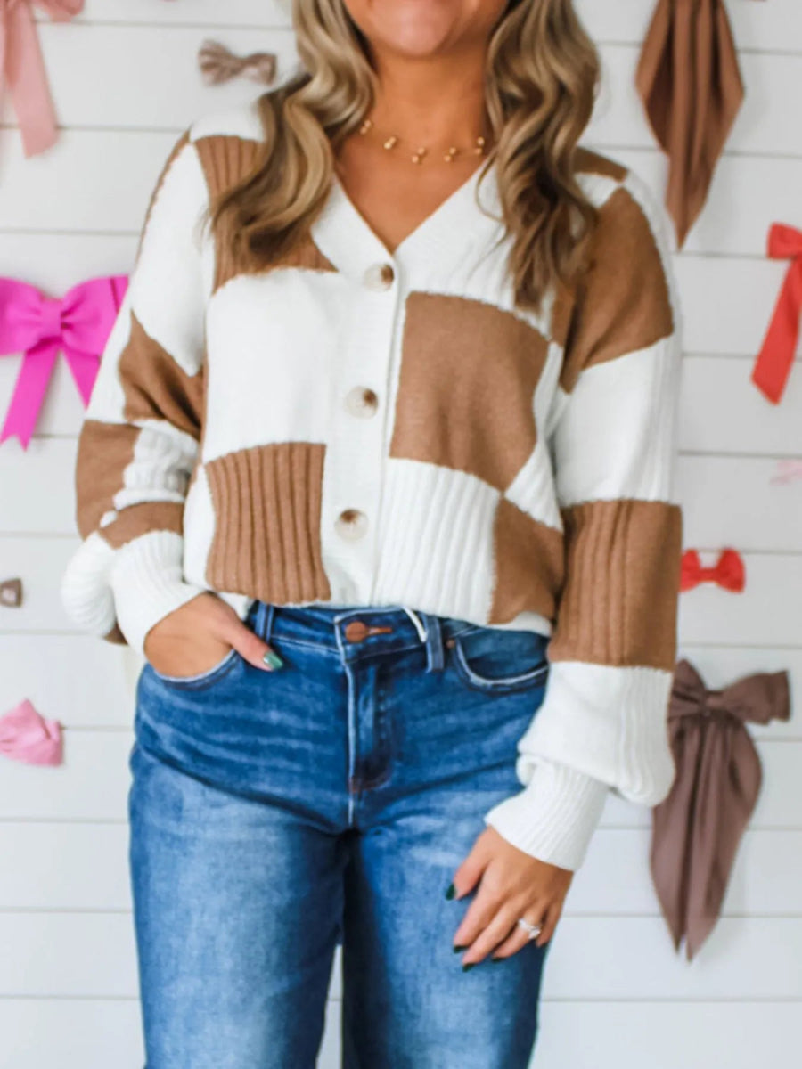 Color Block Knit Button - Up Cardigan - CELIVINE