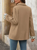 Lapel Collar Leopard Cuff Long Sleeve Blazer - CELIVINE