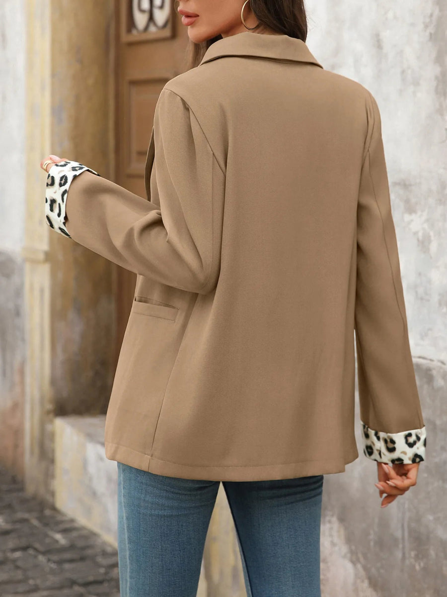 Lapel Collar Leopard Cuff Long Sleeve Blazer - CELIVINE
