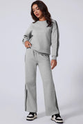 Side Striped Round Neck Top and Pants Active Set - CELIVINE