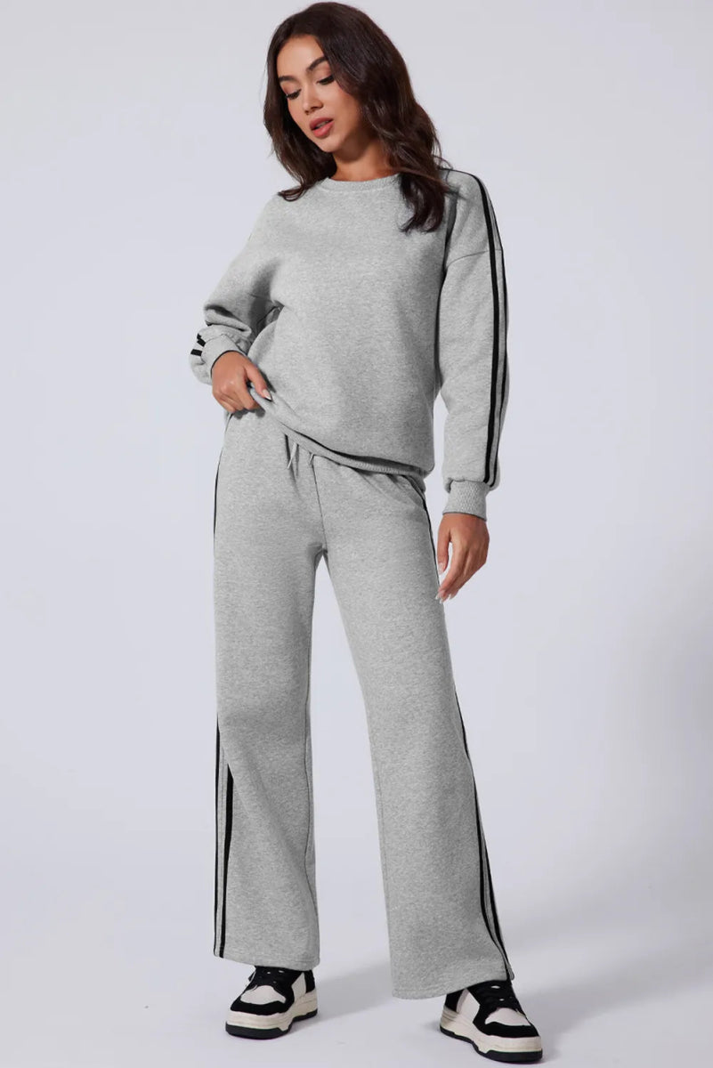 Side Striped Round Neck Top and Pants Active Set - CELIVINE