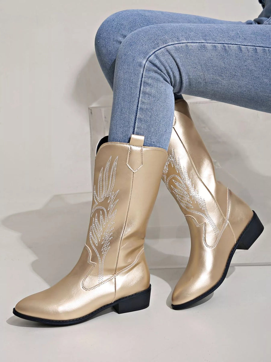 Embroidered Block Heels Boots - CELIVINE