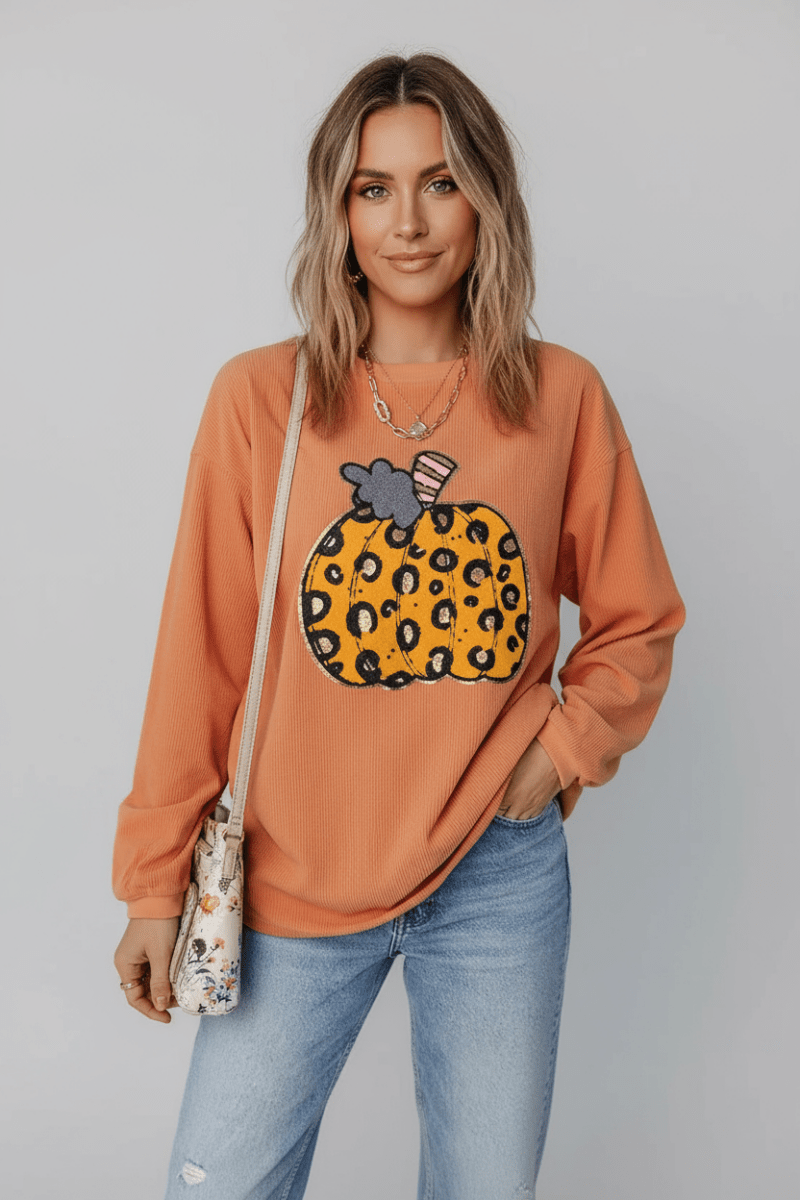 Pumpkin Round Neck Long Sleeve Sweatshirt - CELIVINE