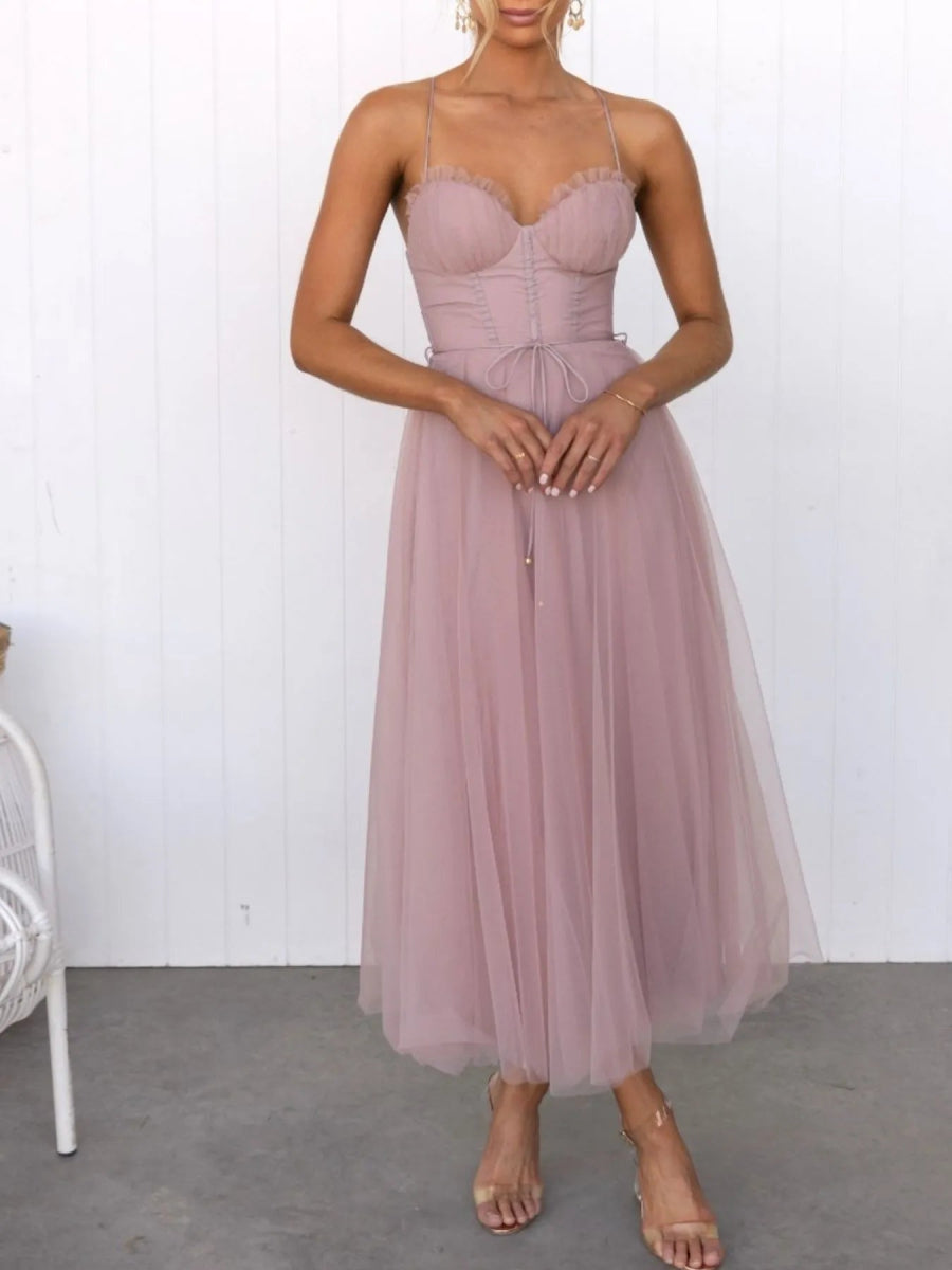 Sweetheart Neck Tulle Midi Dress - CELIVINE