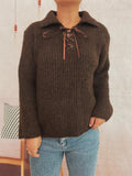 Lace Up Long Sleeve Sweater - CELIVINE