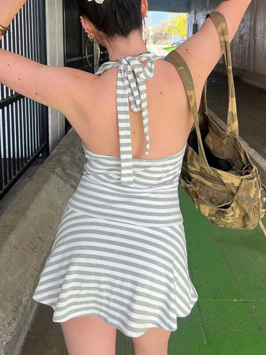 Striped Halter Neck Mini Dress - CELIVINE