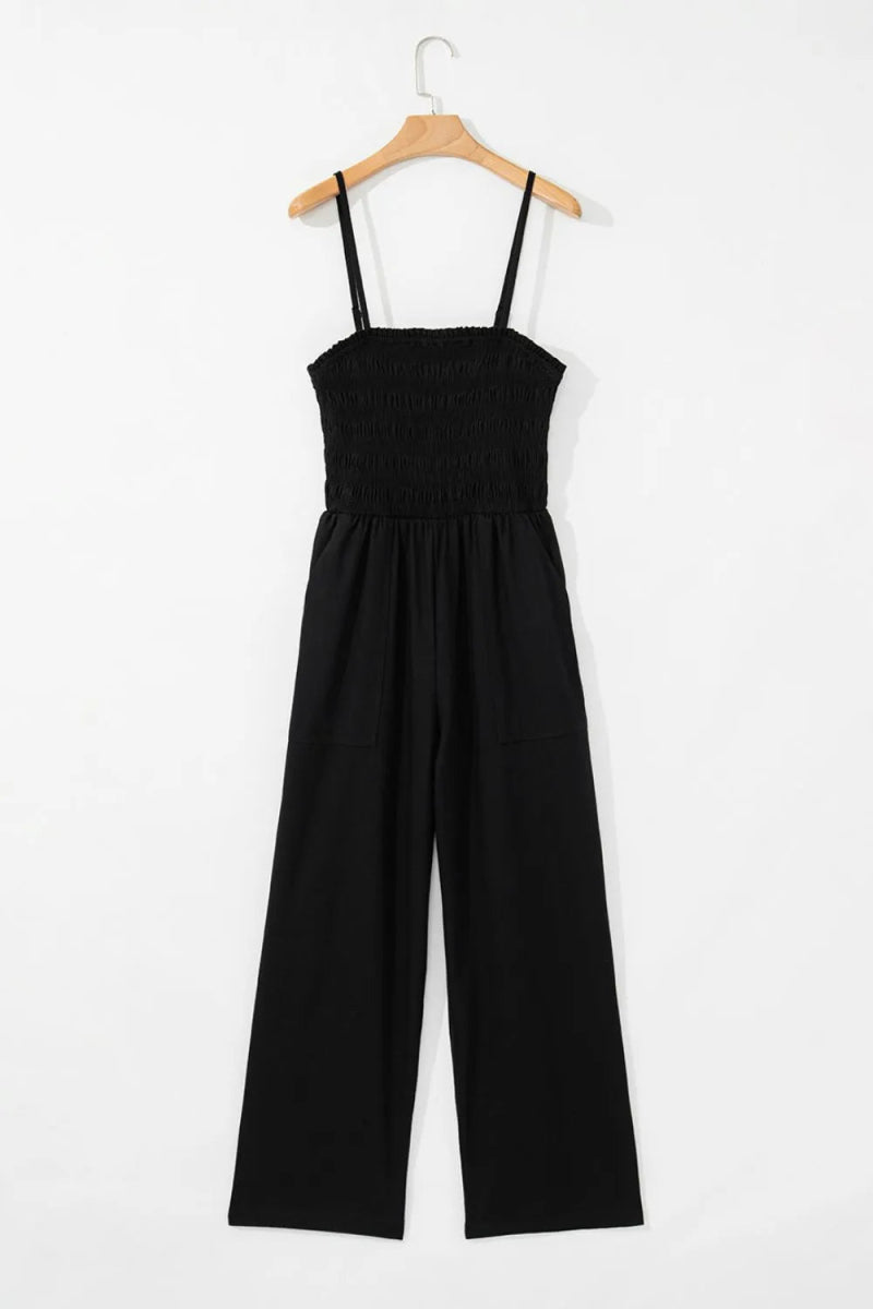 Smocked Spaghetti Straps Wide Leg Jumpsuit - CELIVINE