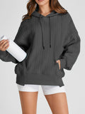 Drawstring Textured Baggy Solid Hoodie - CELIVINE