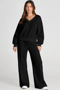 V - Neck Long Sleeve Top and Pants Active Set - CELIVINE