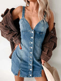 Button Front Sweetheart Neck Denim Mini Dress - CELIVINE
