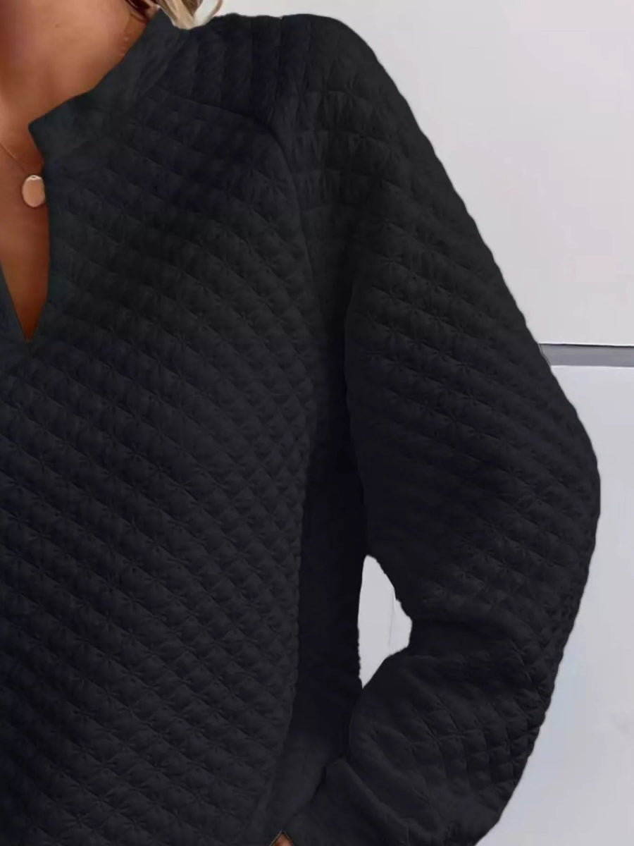 Quilted Texture Long Sleeve Sweatshirt with Notched Neck - CELIVINE