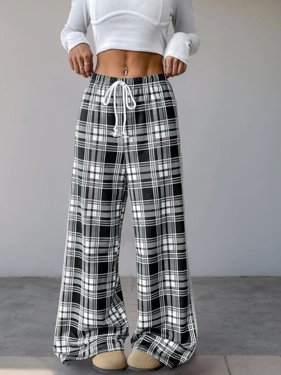 Perfee Drawstring Plaid Wide Leg Pants - CELIVINE