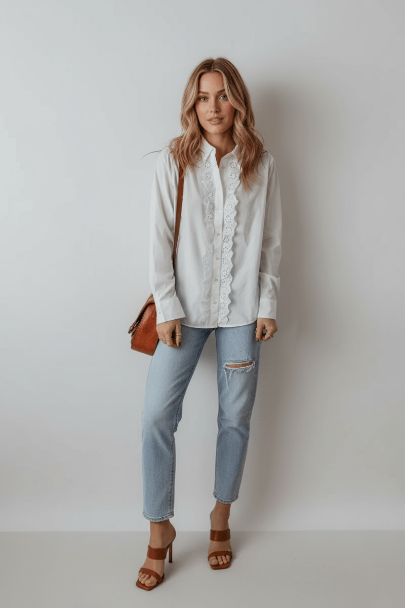 Eyelet Button Down Long Sleeve Shirt - CELIVINE