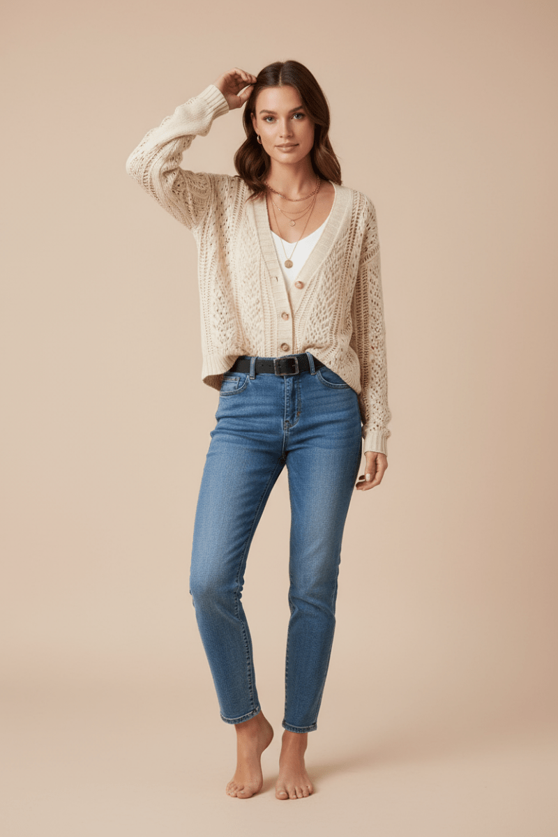 Openwork Button Up Long Sleeve Cardigan - CELIVINE
