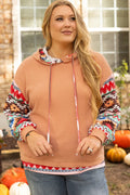 Plus Size Drawstring Geometric Long Sleeve Hoodie - CELIVINE