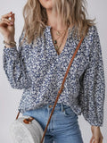 Floral Print Notched Long Sleeve Blouse - CELIVINE