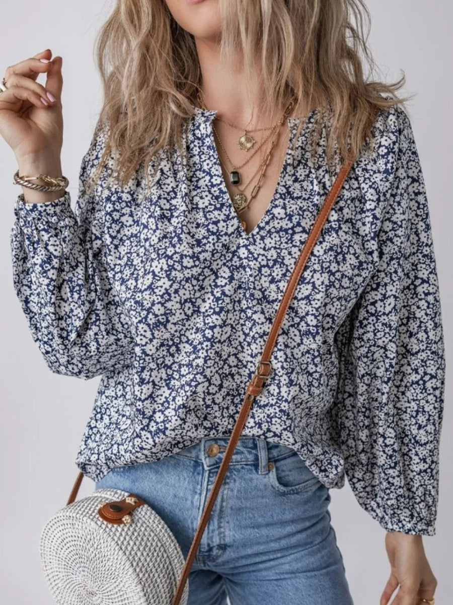 Floral Print Notched Long Sleeve Blouse - CELIVINE