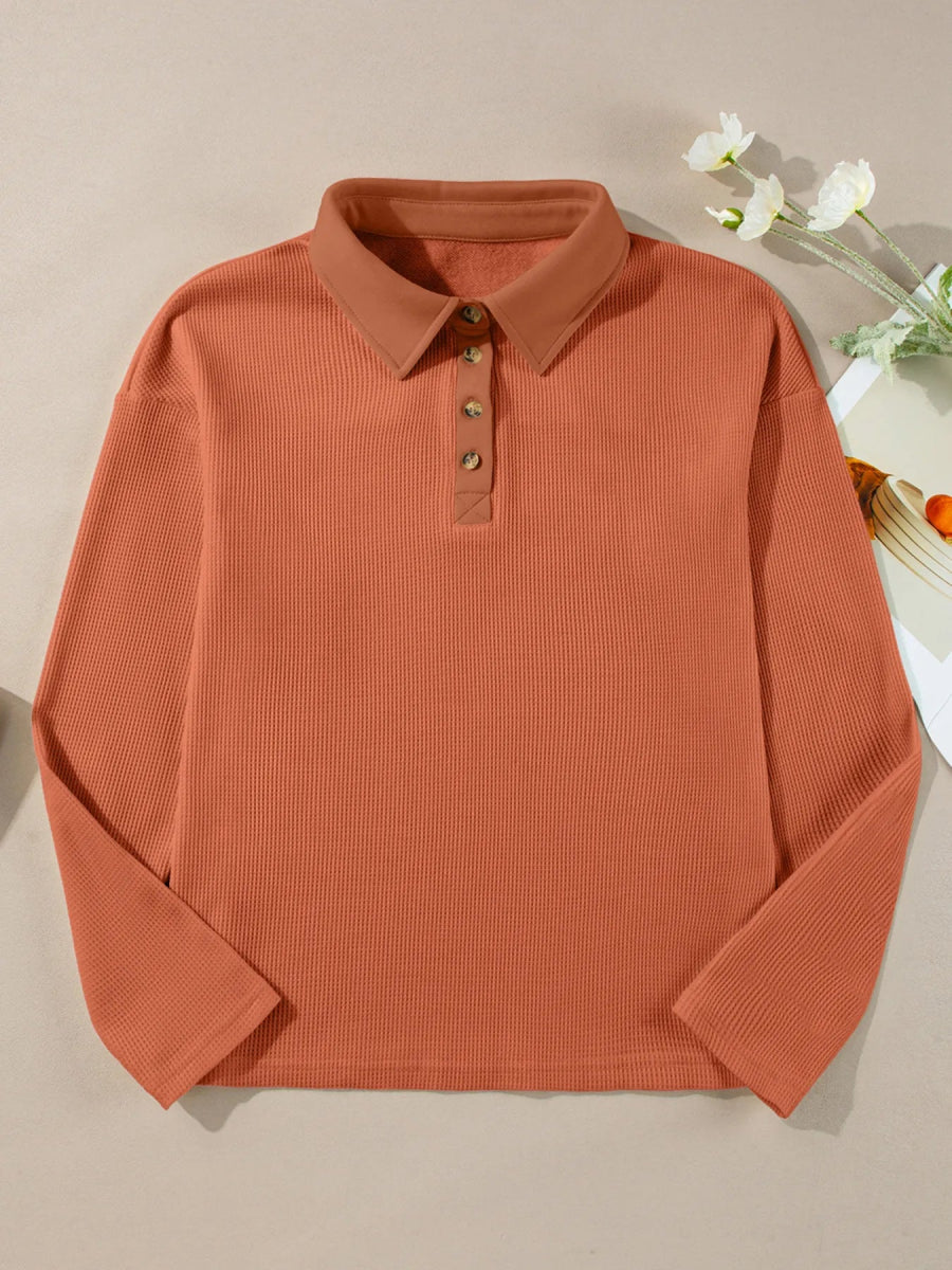 Long Sleeve Thermal Knit Polo Top - CELIVINE