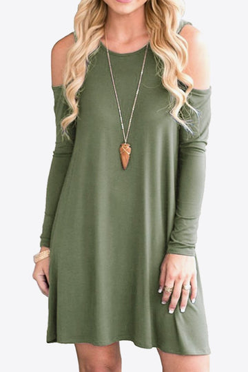 Cold - Shoulder Long Sleeve Round Neck Dress - CELIVINE