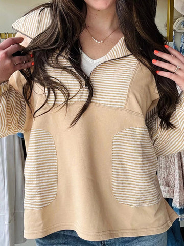 Quarter Zip Striped Patchwork Drop Shoulder Loose Long Sleeve Top - CELIVINE