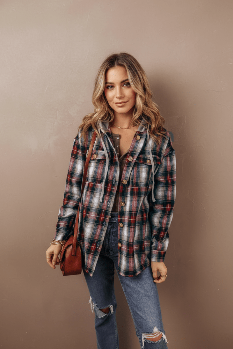 Drawstring Plaid Button Up Hooded Shacket - CELIVINE