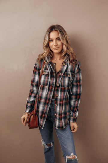 Drawstring Plaid Button Up Hooded Shacket - CELIVINE