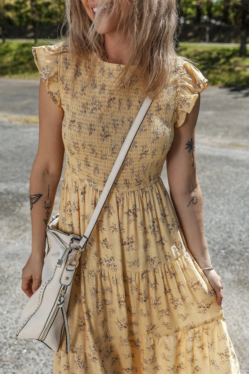 Floral Print Ruffle Cap Sleeve Smocked Flowy Dress - CELIVINE