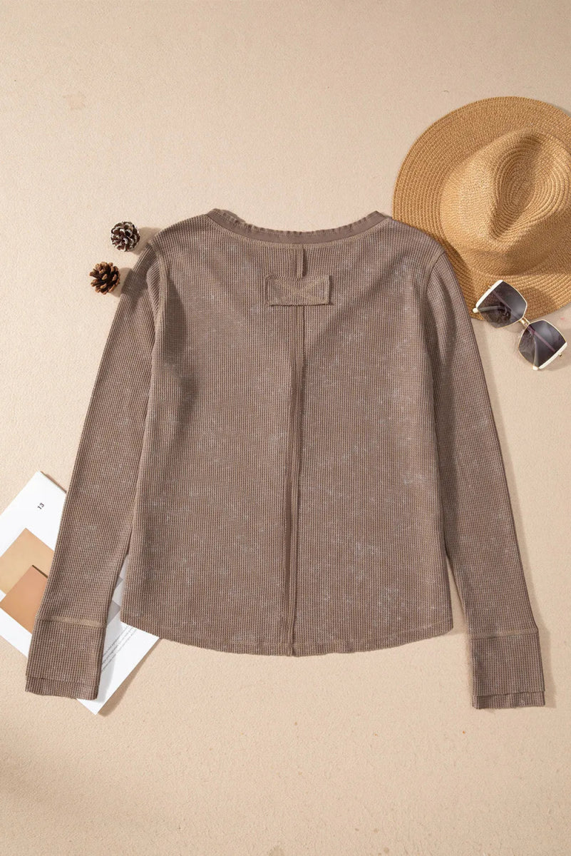 Notched Long Sleeve Top - CELIVINE