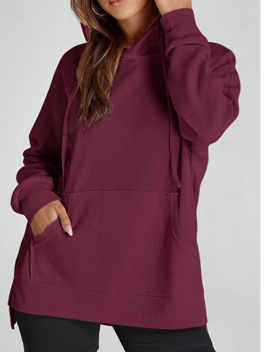 Slit Drawstring Waffle Knit Hoodie - CELIVINE