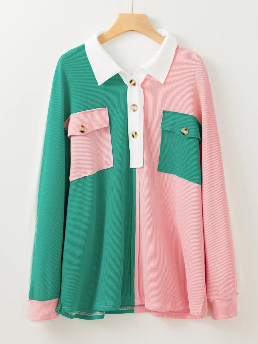 Color Block Button Front Collared Neck Sweatshirt - CELIVINE