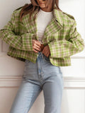 Plaid Lapel Collar Cropped Outerwear - CELIVINE