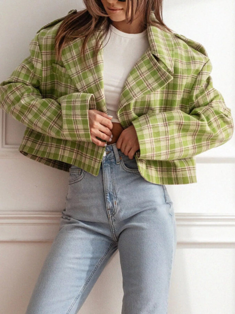 Plaid Lapel Collar Cropped Outerwear - CELIVINE