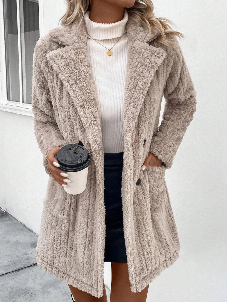 Fuzzy Button Up Long Sleeve Coat with Pockets - CELIVINE