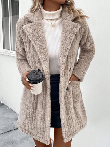 Fuzzy Button Up Long Sleeve Coat with Pockets - CELIVINE