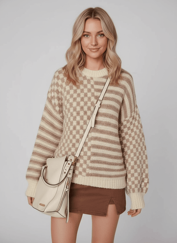 Stripe Checkerboard Drop Shoulder Balloon Sleeve Sweater - CELIVINE