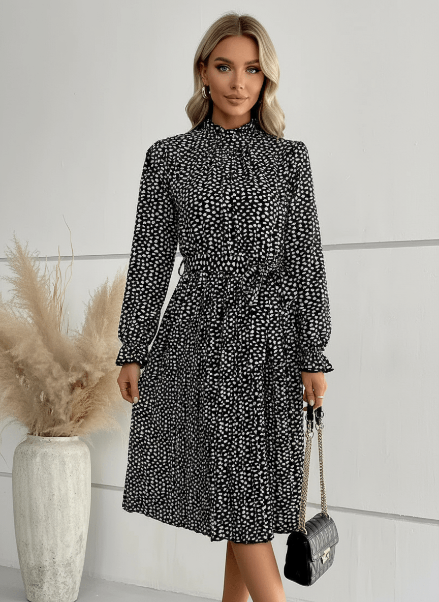 Animal Print Mock Neck Flounce Sleeve Dress - CELIVINE