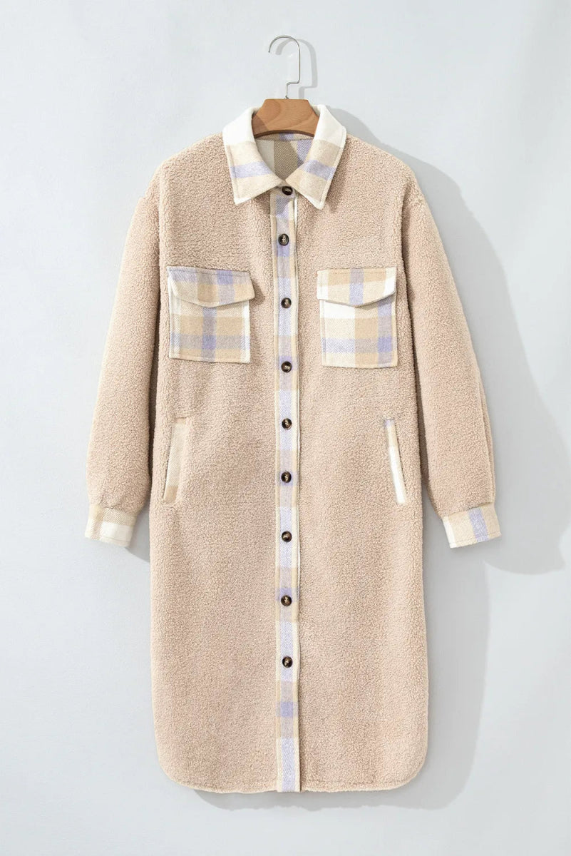 Slit Plaid Button Down Long Sleeve Coat - CELIVINE