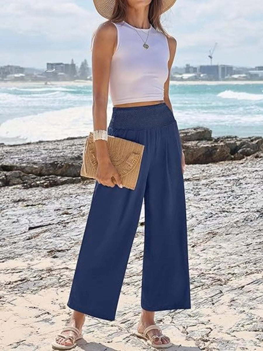 Wide Leg Smocked High Waist Pants - CELIVINE