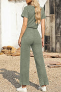 Ribbed Short Sleeve Wide Leg Jumpsuit - CELIVINE