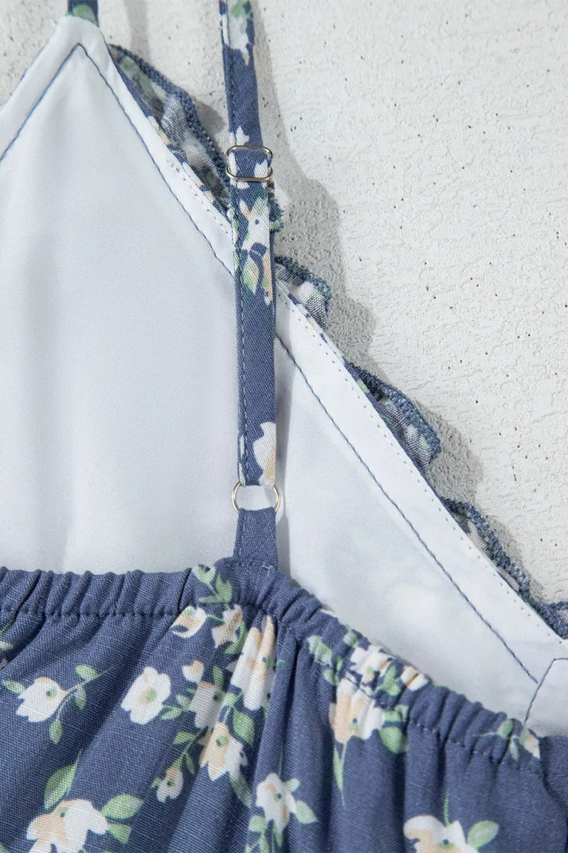 Floral Spaghetti Strap Frilled V Neck Tiered Midi Dress - CELIVINE