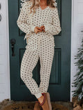 Polka Dot Notched Long Sleeve Top and Drawstring Joggers Lounge Set - CELIVINE