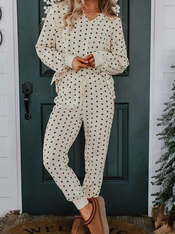 Polka Dot Notched Long Sleeve Top and Drawstring Joggers Lounge Set - CELIVINE