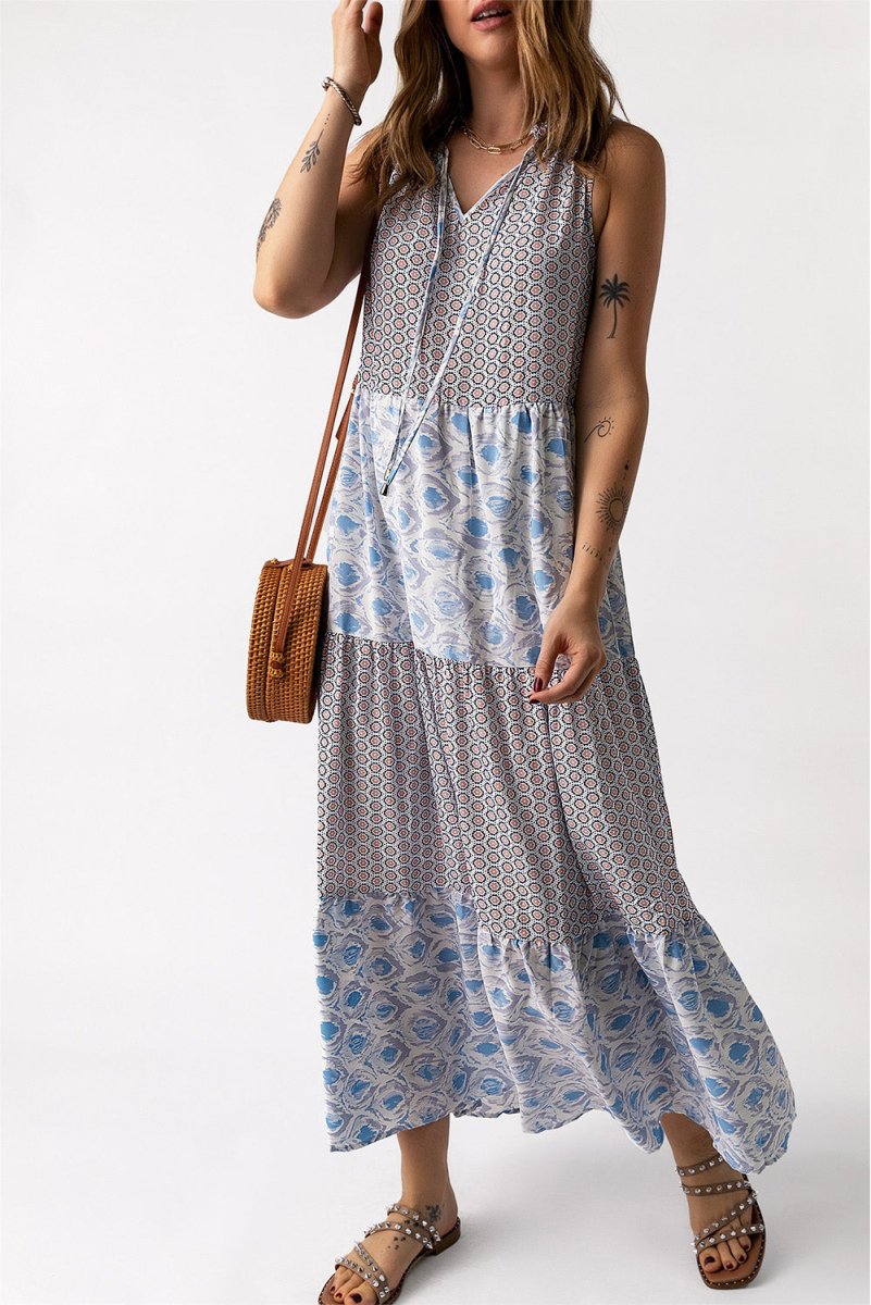 Mixed Print Tie - Neck Sleeveless Maxi Dress - CELIVINE
