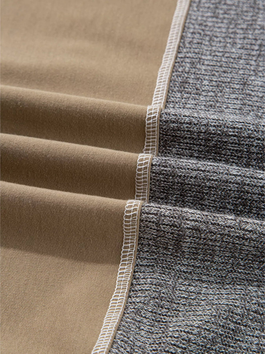 Mixed Texture Patchwork Exposed Seam Half Button Hoodie - CELIVINE